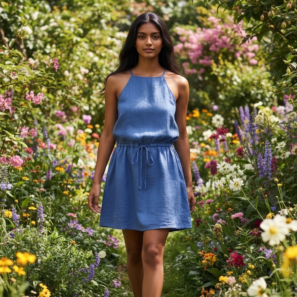 Joie Diega B Dress Blue New With Tags Linen Halter Neck Drawstring Mini S - Picture 2 of 6